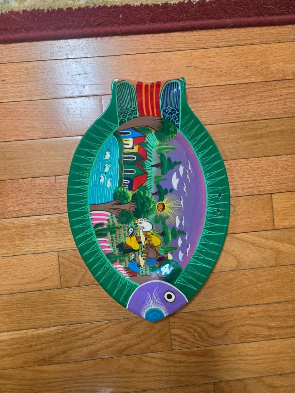 vintage Mexican folk art fish plate vibrant hand painted red clay